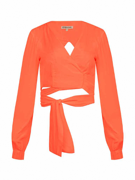 Eyesome | Orange Long Sleeve Satin Wrap Tie Blouse