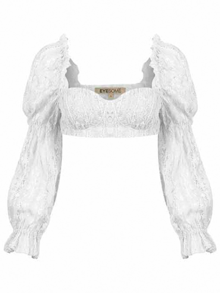 Eyesome | White Puff Long Sleeve Lace Crop Top