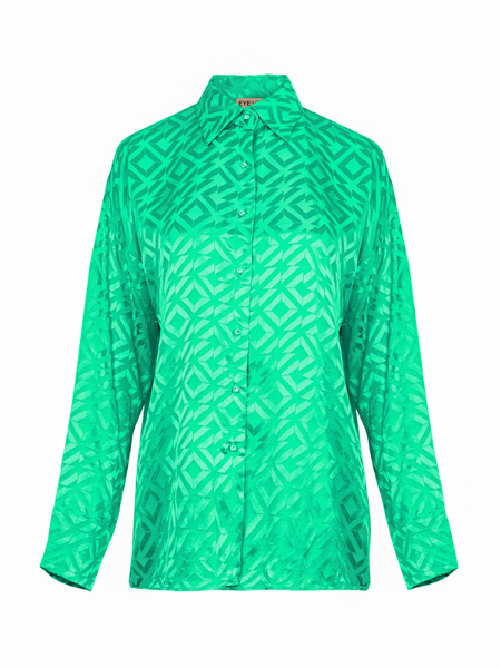 Eyesome | Green Embossed Diamond Design Satin Button Up Blouse